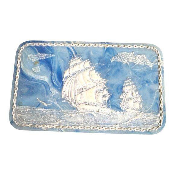 Nautical Sailing Clipper Ships Incolay Stone Jewelry Keepsake Box Large Usa 12" - Picture 2 of 16
